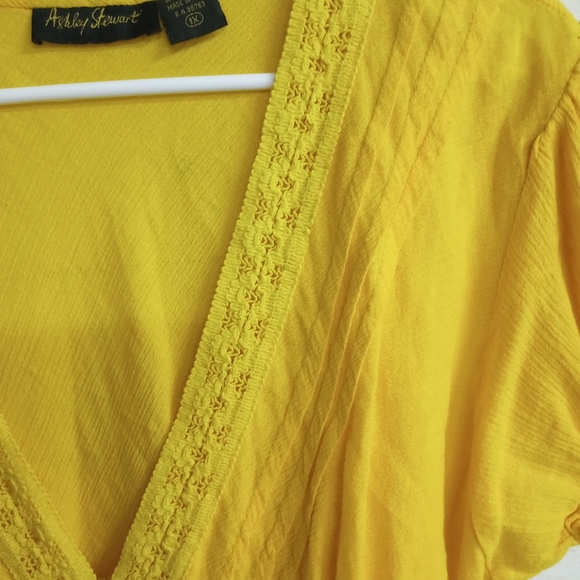 Ashley Stewart 1X Yellow Cotton Boho Tunic Top V-Neck Short Sleeve Blouse - Picture 10 of 13